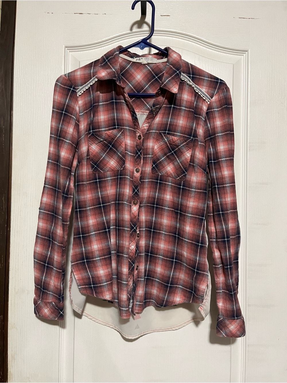 Jolt Red Plaid Button-Down Shirt with Lace Shoulder Detail